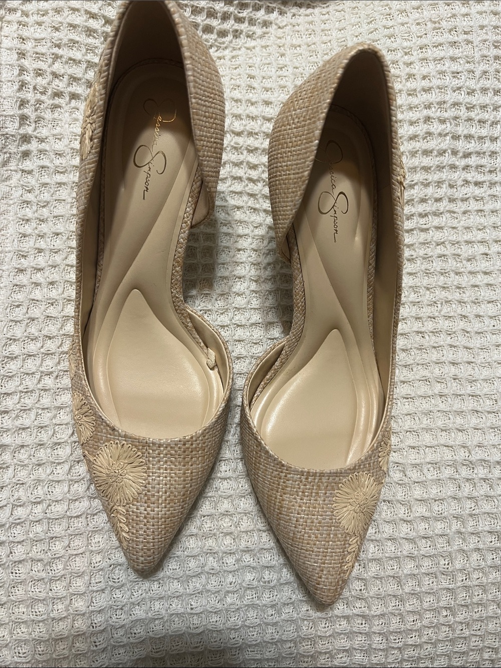Jessica Simpson tan rattan heels